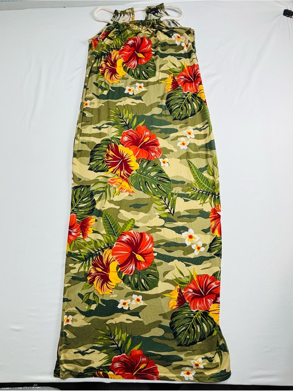Tropical Hibiscus Maxi Dress with Camo Print